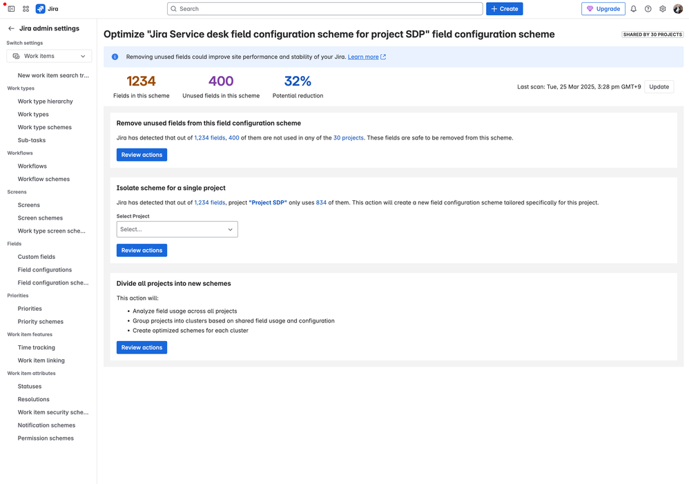 Jira-Adminansicht zur Optimierung eines Field Configuration Schemes mit Hinweisen zu ungenutzten Feldern und Projekten.