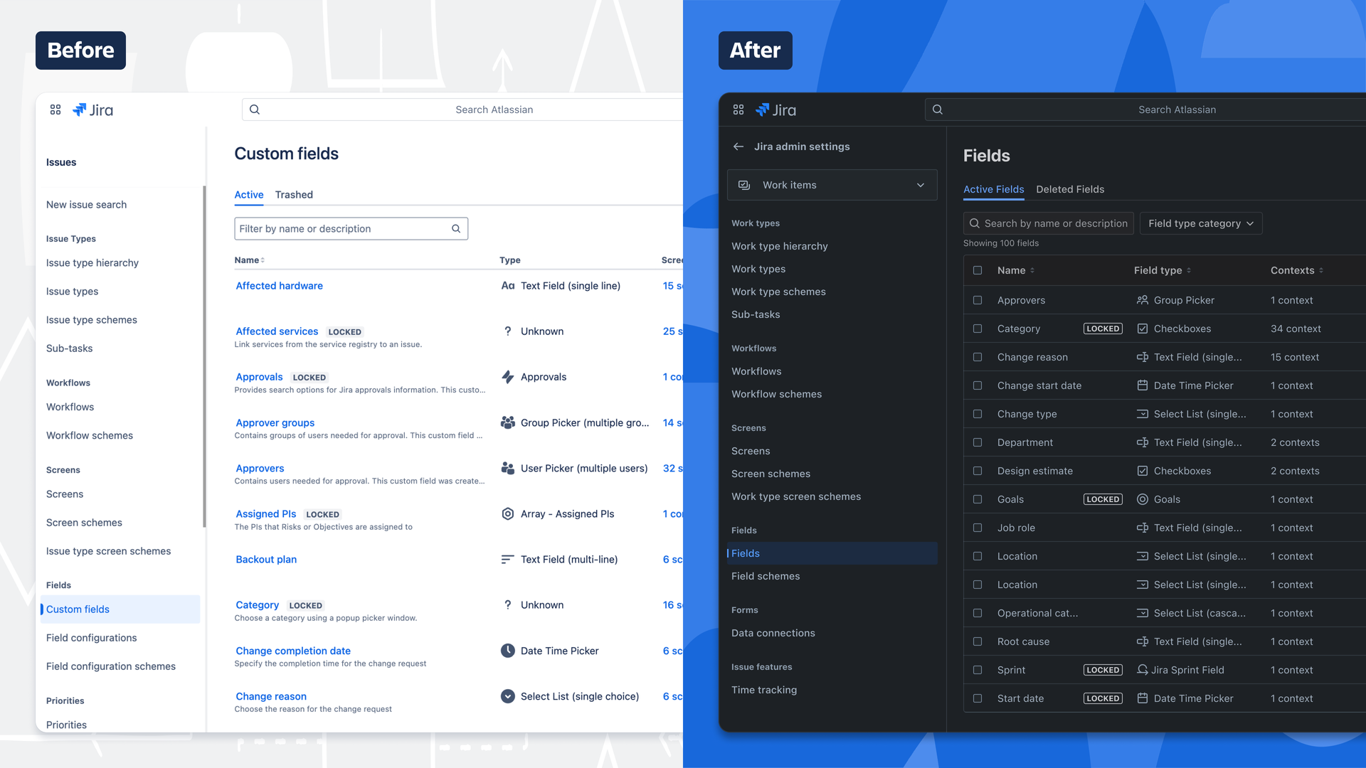 Jira-Vergleich vor und nach der Umstellung der Felderverwaltung mit Custom Fields und moderner Admin-Oberfläche.