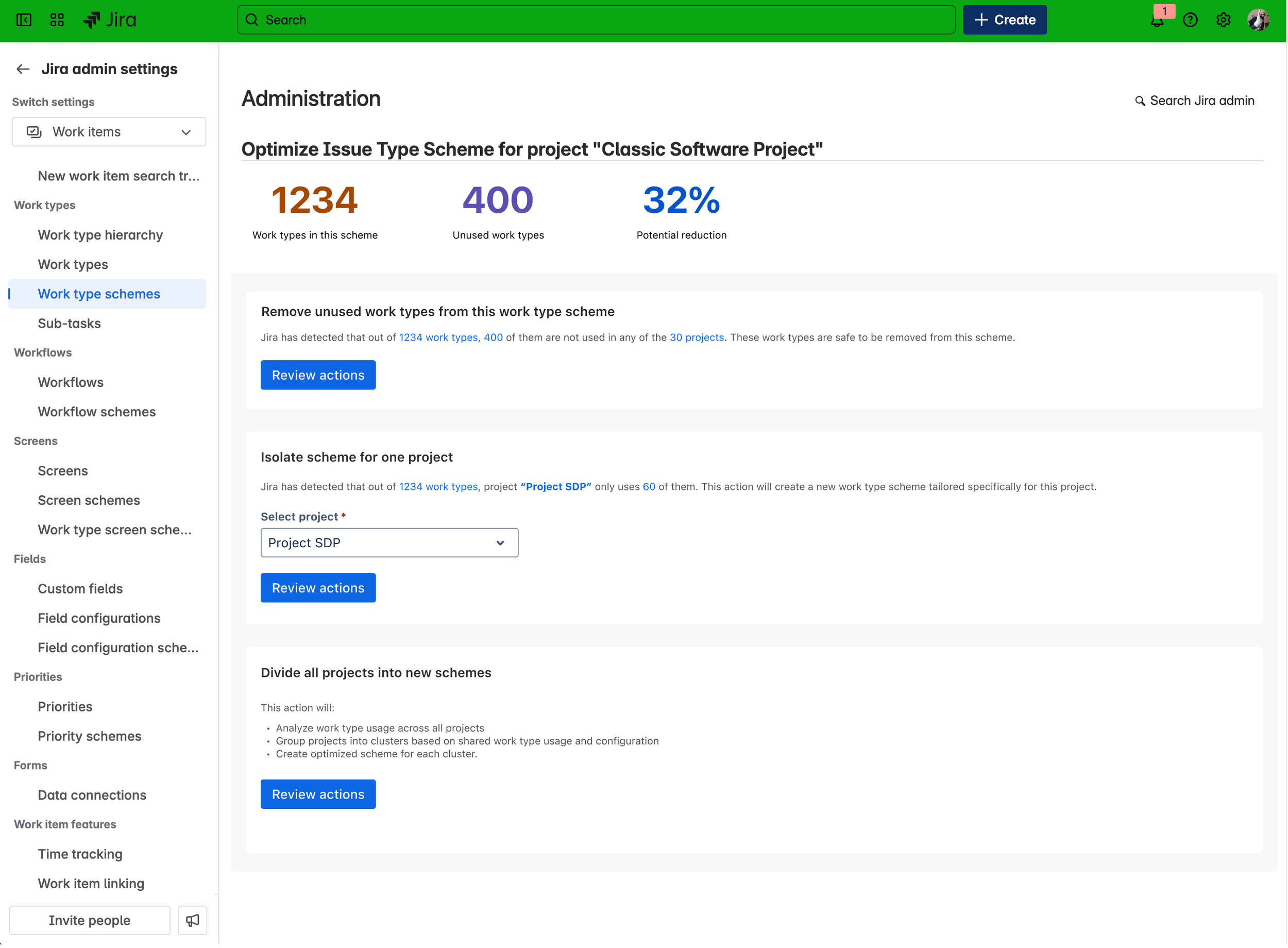 Jira-Adminansicht zur Optimierung eines Work Type Schemes mit ungenutzten Arbeitstypen und Projektzuordnung.