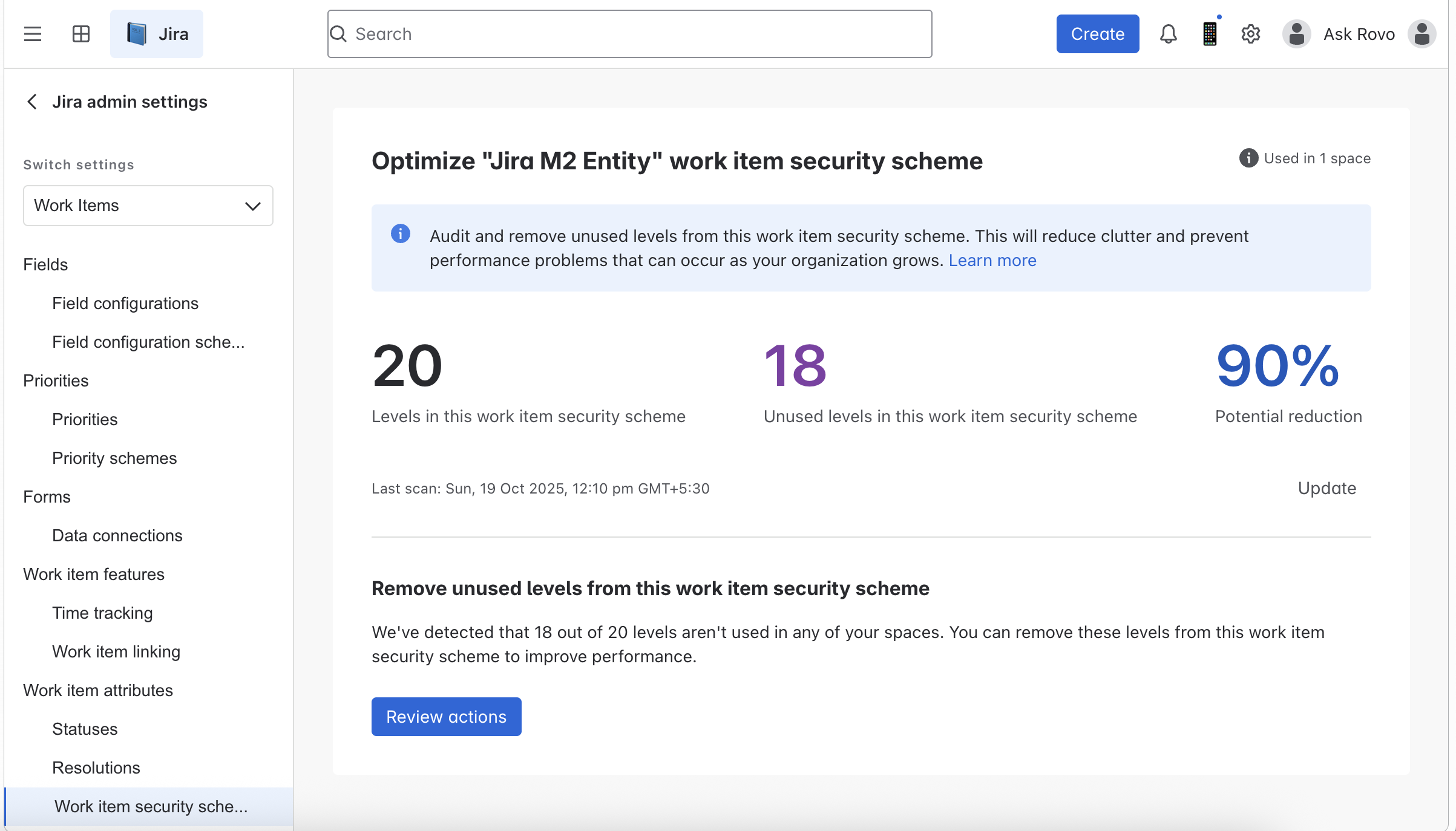 Jira-Adminansicht mit 18 ungenutzten Sicherheitsstufen in einem Work-Item-Sicherheitsschema.
