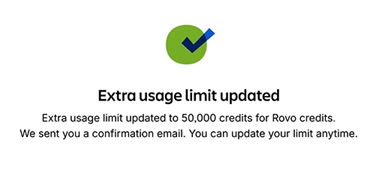 Bestätigung der Aktualisierung des Extra-Nutzungslimits auf 50.000 Rovo-Credits.