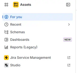 Jira Service Management Assets-Navigationsleiste mit Menüpunkten Für dich, Kürzlich, Schemas, Dashboards, Reports und Studio.