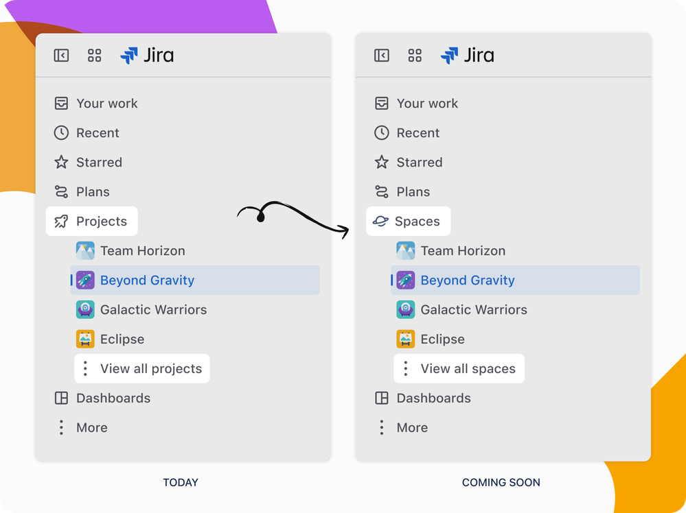 Jira-Menü zeigt Umbenennung von Projekten zu Bereichen, Symbol für digitale Transformation und IT-Services der ISO-Gruppe.