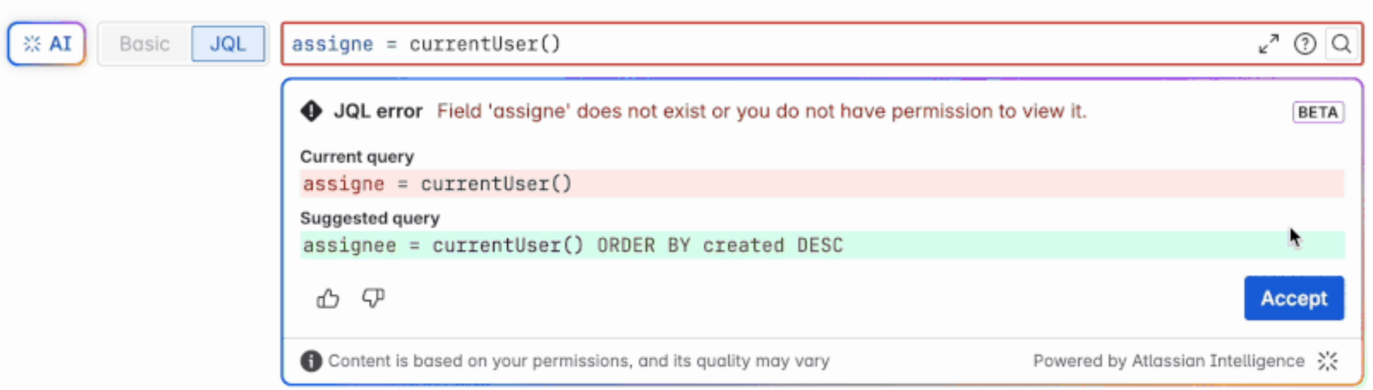 Screenshot: Jira erkennt und korrigiert JQL-Fehler per KI, Symbol für digitale Prozessoptimierung der ISO-Gruppe.