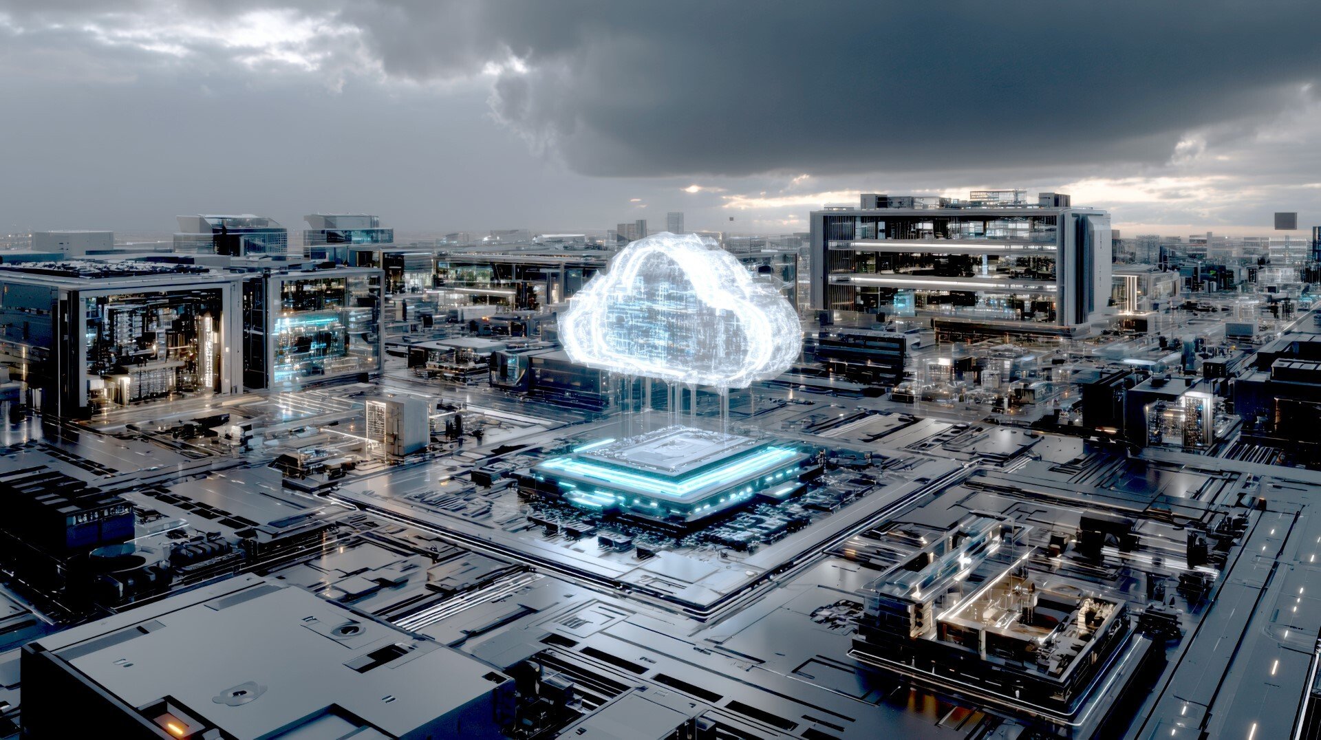 Futuristisches Rechenzentrum mit digitaler Cloud, Symbol für Cloud-Computing und Digitalisierungslösungen der ISO-Gruppe.