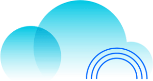 Stilisierte blaue Wolken und Regenbogen, Symbol für digitale IT-Infrastruktur und Cloud-Lösungen der ISO-Gruppe.