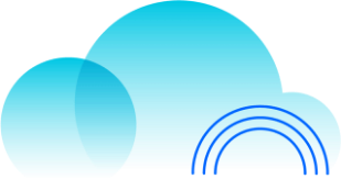 Stilisierte blaue Wolken und Regenbogen, Symbol für digitale IT-Infrastruktur und Cloud-Lösungen der ISO-Gruppe.